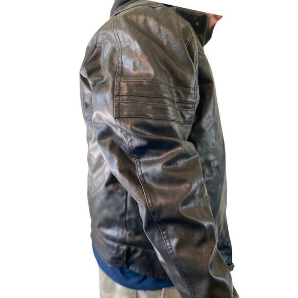 NWT Mens Pleather Moto Bomber Sherpa Lined Dark Brown Jacket - Picture 3 of 11